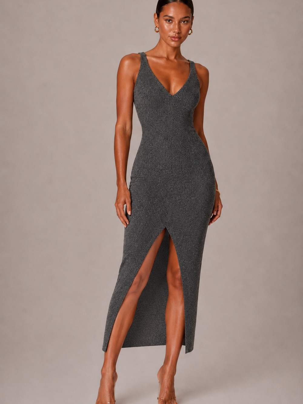Gray Knit V-Neck Bodycon Dress with Front Slit - Very Flattering-